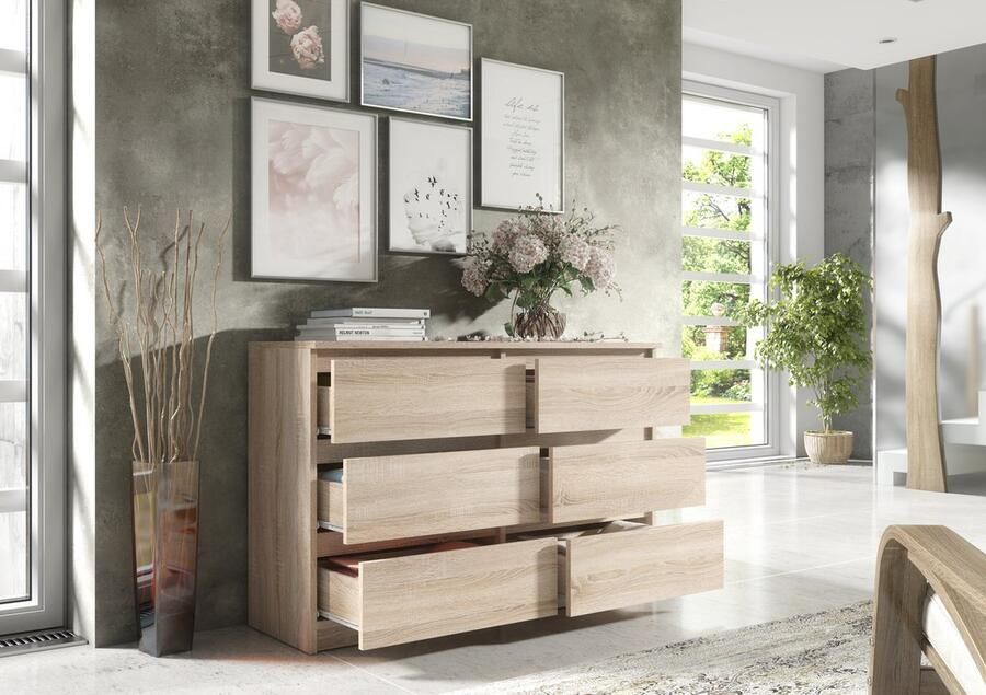 Promeubels Pro-meubels Ladekast Stamford Licht eiken 138cm 6 lades Commode Slaapkamer Kast