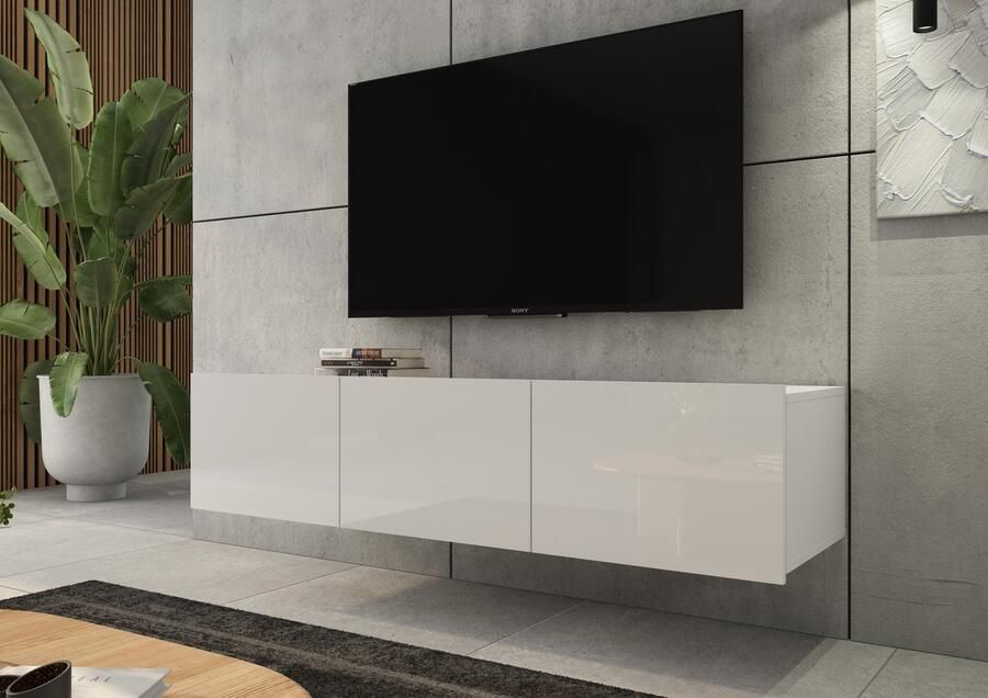 Promeubels Tv meubel Cosenza Wit hooglans 150cm Tv kast Hangend of staand