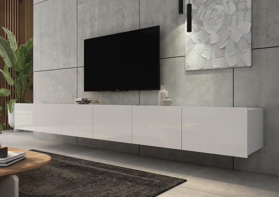 Promeubels Tv meubel Cosenza Wit hooglans 300cm (2x 150cm) Tv kast Hangend of staand