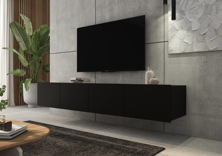 Promeubels Tv meubel Cosenza Zwart mat 200cm (2x 100cm) Tv kast Hangend of staand