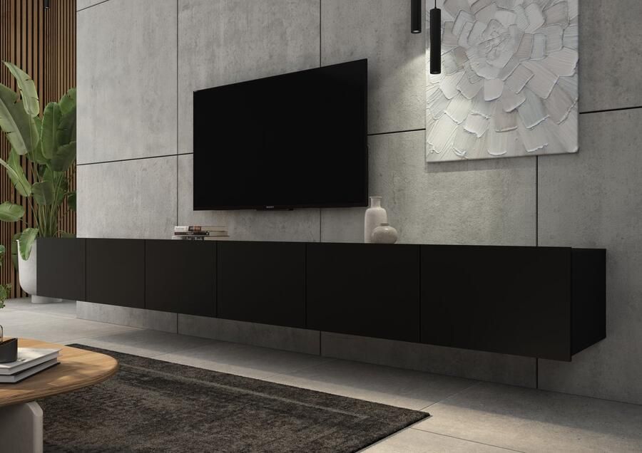 Promeubels Tv meubel Cosenza Zwart mat 300cm (2x 150cm) Tv kast Hangend of staand