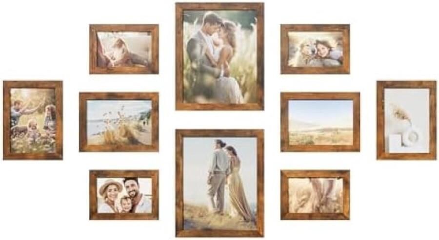 PromoHome 10-delige Fotolijstenset Vintage Bruin Muur en Tafel Fotolijsten Set met 10 Lijsten voor 20x25 cm 13x18 cm en 10x15 cm Foto's Inclusief Ophangmaterialen