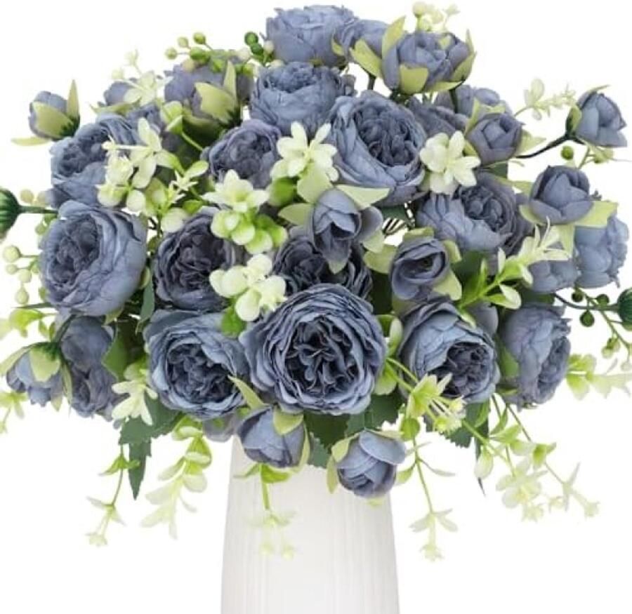 PromoHome 4 Bosjes Kunstpioenen Grijs Blauwe Zijden Bloemen Boeket Kunstbloemen Decoratie voor Bruiloft Feest Tafel Centerpieces Huis en Keuken