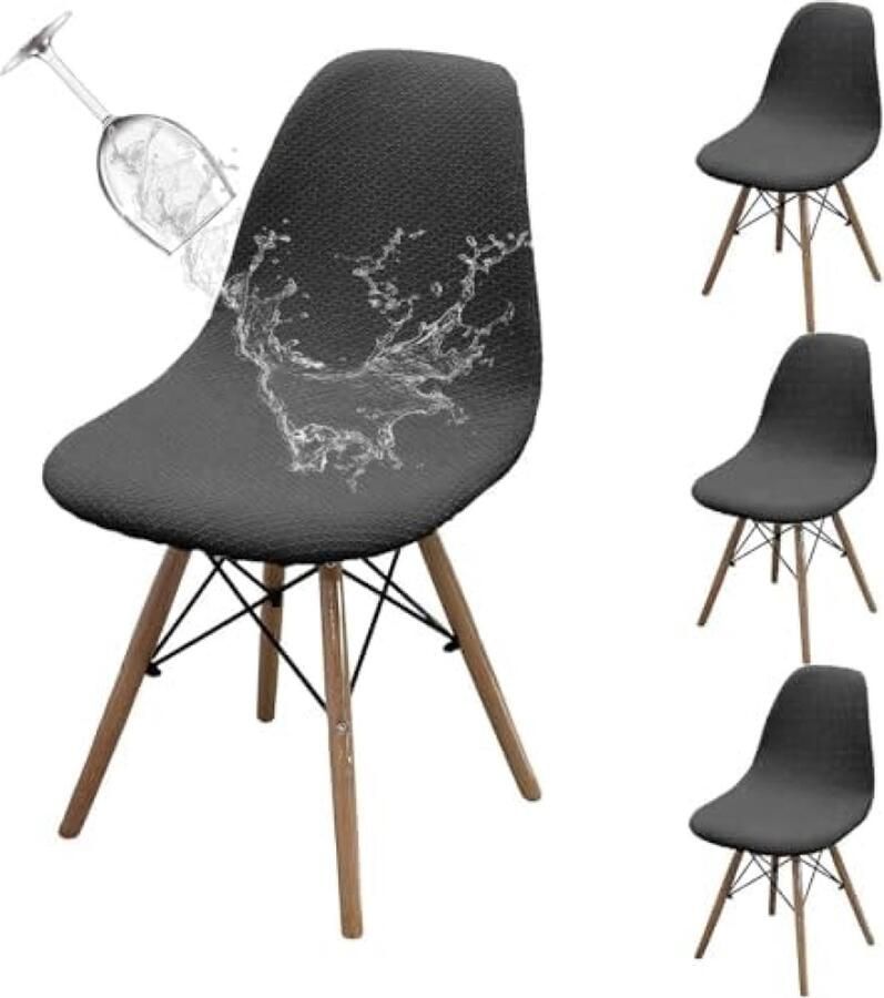 PromoHome Eetkamerstoelhoezen Set van 4 Waterdichte Elastische Stoelhoezen voor Keuken Kantoor en Woonkamer Scandinavisch Design Donkergrijs Wasbare Stoelbeschermers