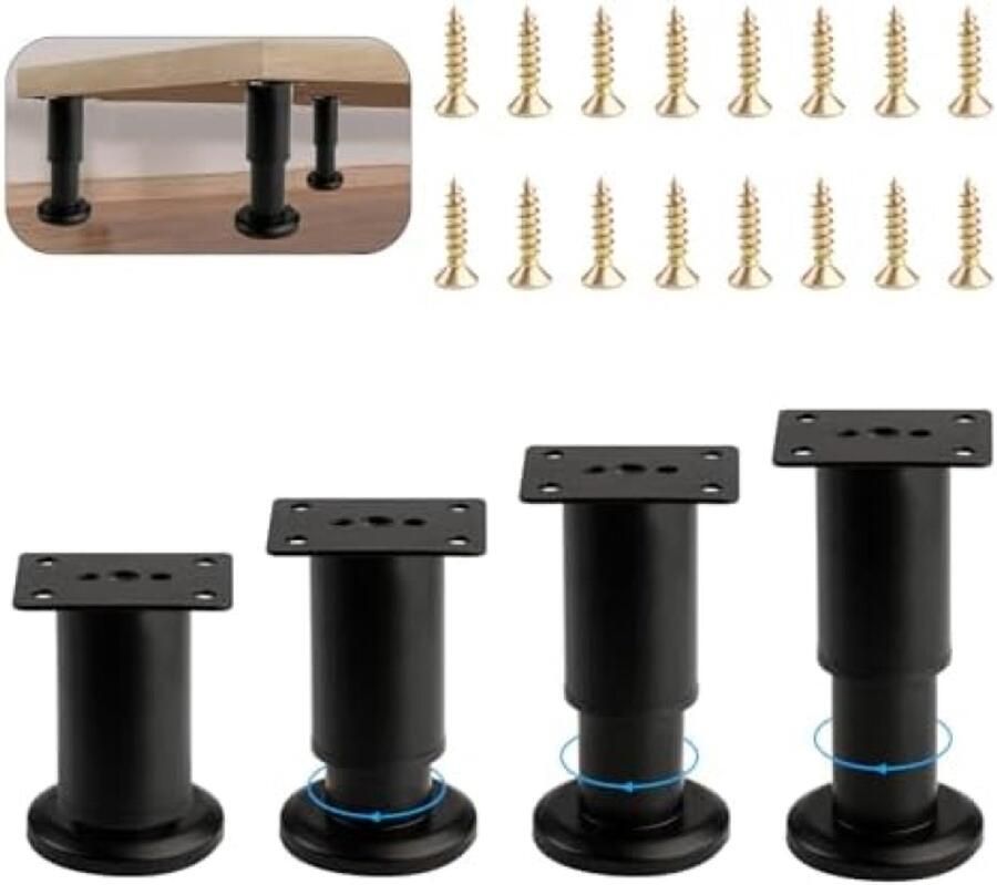 PromoHome 4 Verstelbare Meubelpoten Zwarte Staal Poten voor Tafels en Meubels