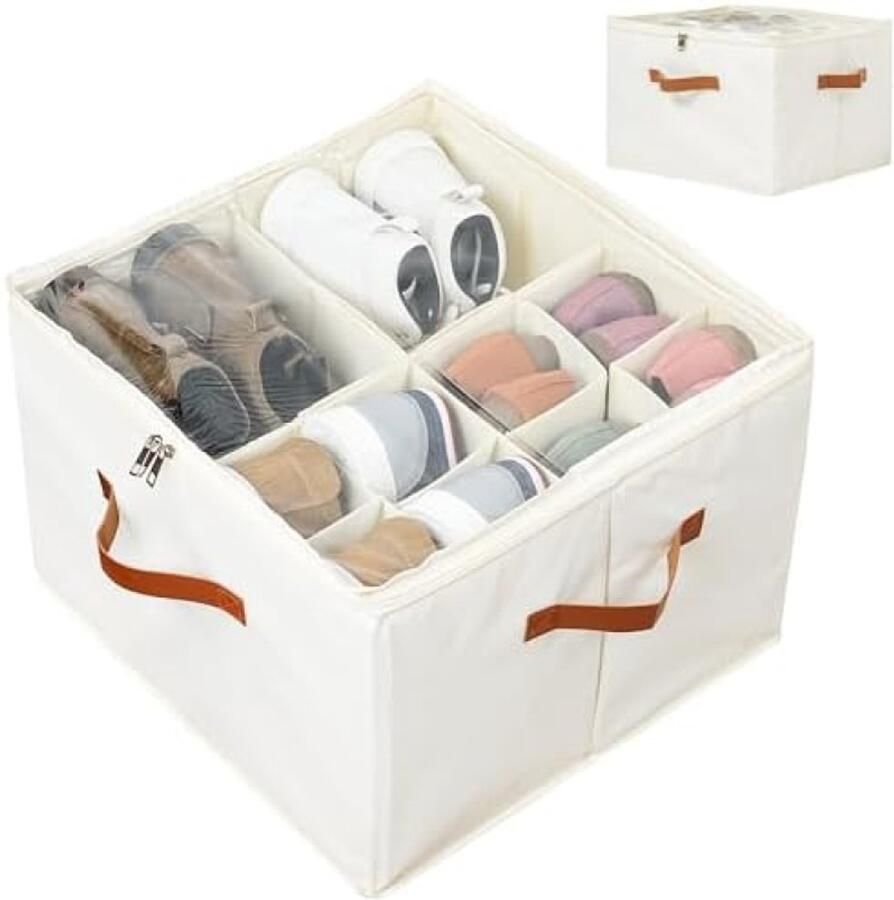 PromoHome Aanpasbare Schoenenorganizer voor Kast Stoffen Schoenenopslag Container met Transparante Hoes Verstelbare Compartimenten en Versterkte Handvatten Geschikt voor tot 16 Paren Schoenen Beige