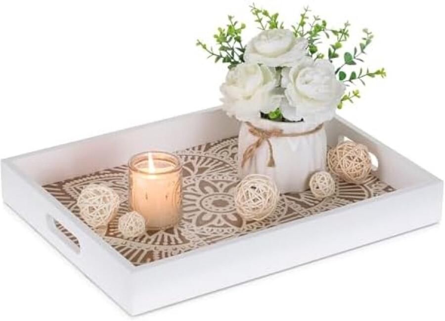 PromoHome Decoratief Dienblad met Handvatten Witte Bloemen Design voor Salontafel