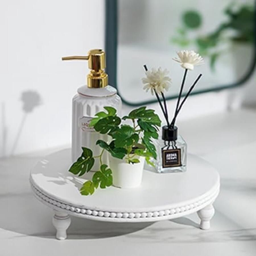 PromoHome Decoratieve Ronde Lade – witte Kralen Houten Tray Ø30cm – Salontafel Decor Keuken & Badkamer Display Moderne Voetstuk Standaard voor Kaars of Plant