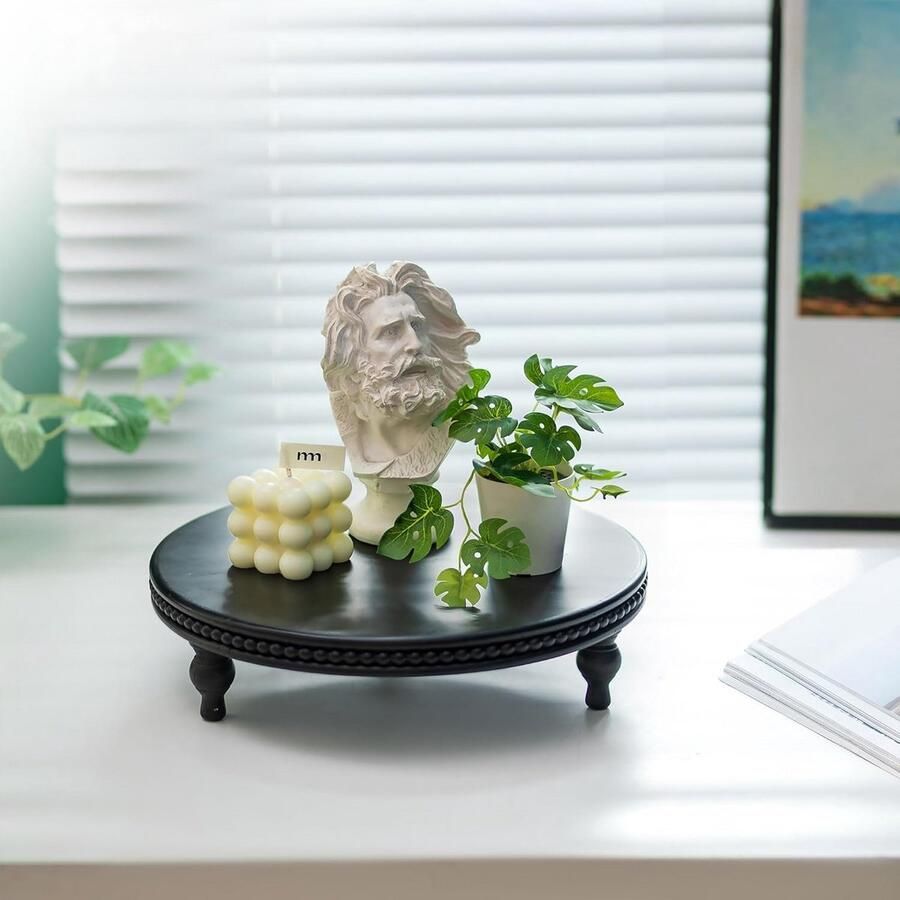 PromoHome Decoratieve Ronde Lade – Zwarte Kralen Houten Tray Ø30cm – Salontafel Decor Keuken & Badkamer Display Moderne Voetstuk Standaard voor Kaars of Plant