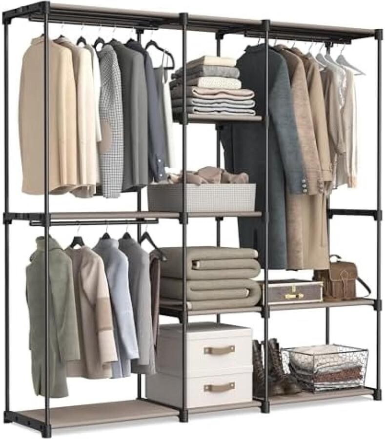 PromoHome Draagbare Kledingkast met 11 Planken en 3 Kledingstangen Vrijstaand Kledingrek voor Slaapkamer en Woonkamer 182 x 43 x 182 cm Taupe Kleur