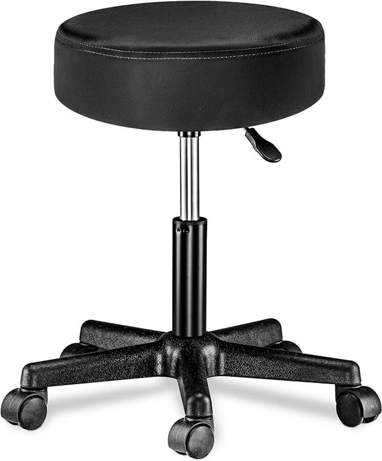 PromoHome Draaibare Verstelbare Hobbykruk met Rollen 360° Draaimechanisme Imitatieleer Zitting 10 cm Dik Zwarte Rolkruk voor Keuken Kantoor en Werkplaats