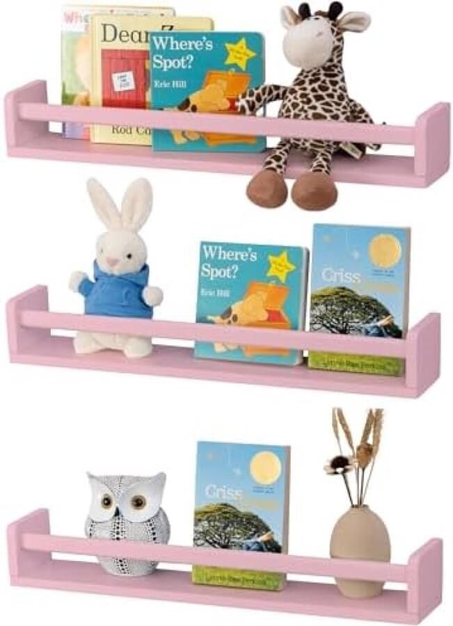 PromoHome Drijvende Wandplanken Set van 3 Roze Houten Boekenplanken voor Kinderkamer