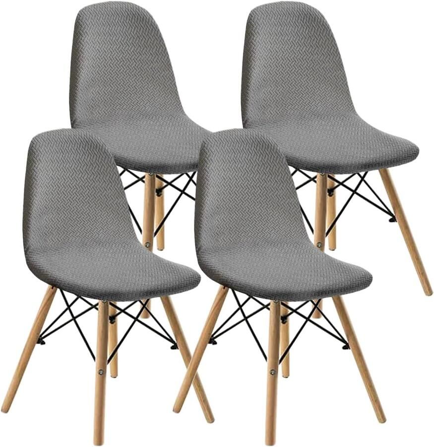 PromoHome Eetkamerstoelhoezen Set van 4 Rekbare Beschermhoezen voor Stoelen Moderne Jacquard Design Machinewasbaar Grijs