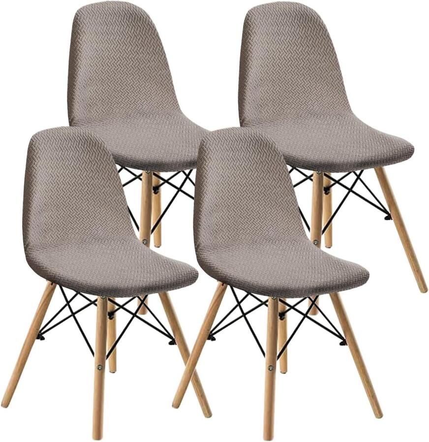 PromoHome Eetkamerstoelhoezen Set van 4 Rekbare Beschermhoezen voor Stoelen Moderne Jacquard Design Machinewasbaar Taupe