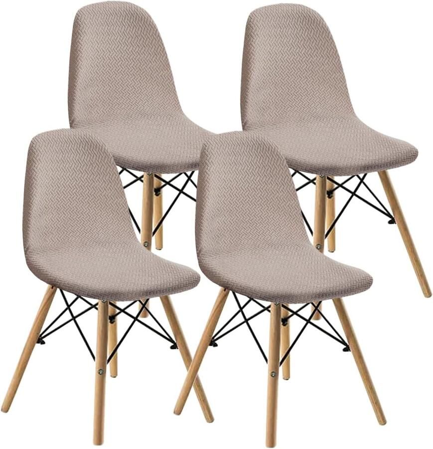PromoHome Eetkamerstoelhoezen Set van 4 Rekbare Beschermhoezen voor Stoelen Moderne Jacquard Design Machinewasbaar Beige