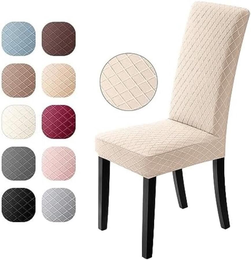 PromoHome Elastische Stoelhoezen Set 6 Stuks Wasbare Meubelbeschermers Moderne Jacquard Stoelkussenovertrekken voor Eetkamer Woonkamer en Hotel Beige
