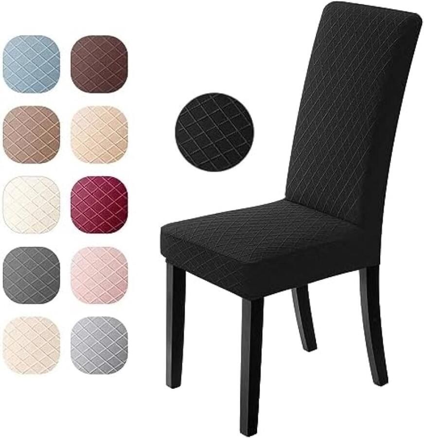 PromoHome Elastische Stoelhoezen Set 6 Stuks Wasbare Meubelbeschermers Moderne Jacquard Stoelkussenovertrekken voor Eetkamer Woonkamer en Hotel Zwart