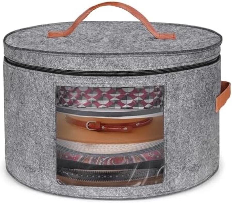 PromoHome Grijze Ronde Hoeden Opbergdoos Grote Inklapbare Hoeden Organizer met Rits Transparant Venster Leren Handvatten Stof- en Vochtvrij Vilt Drager 43 x 26 cm Multifunctionele Opslagbox