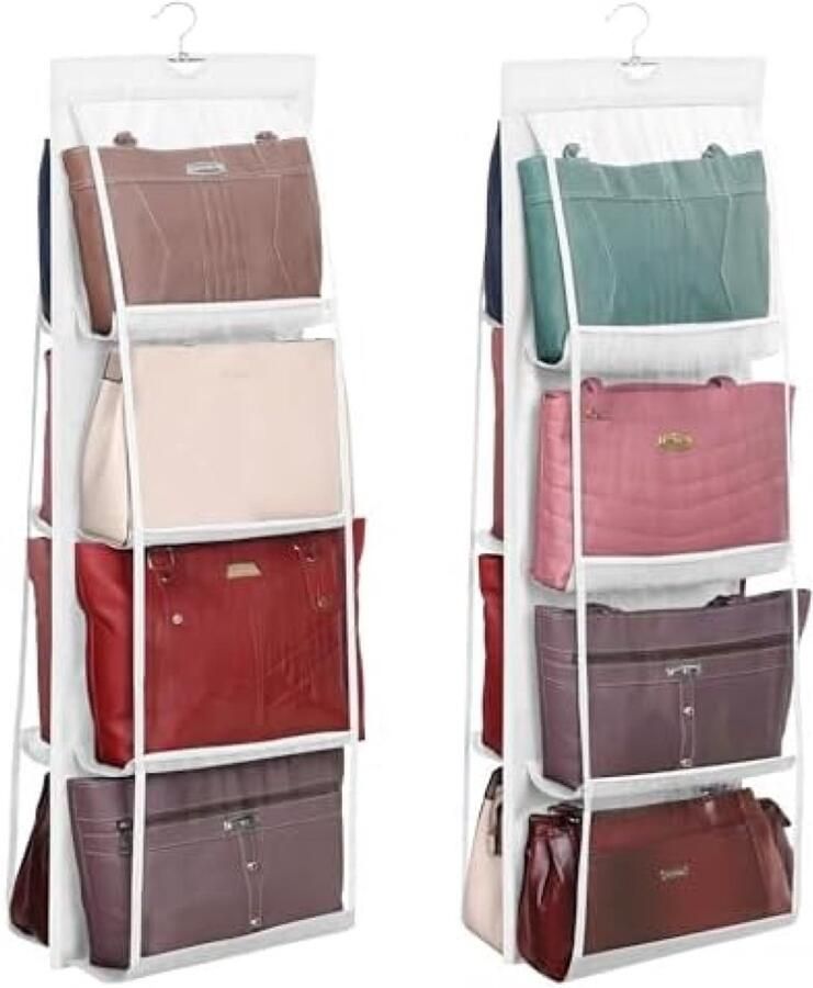 PromoHome Hangende Handtas Kast Organizer 2-Pak Wit Opvouwbare Opslag Hanger voor Tassen en Accessoires 8 Doorzichtige Zakken met Zware Kwaliteit Haak Ruimtebesparend Kastorganisatiesysteem