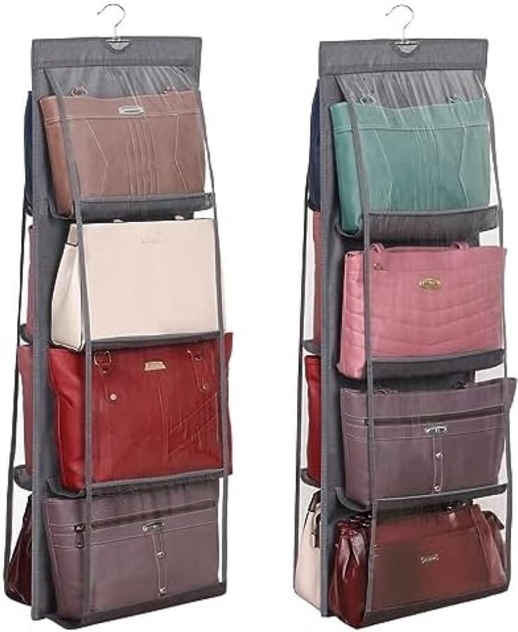 PromoHome Hangende Handtas Organizer [2 Stuks] Vouwbare Kast Opslagorganizer met 8 Doorzichtige Zakken voor Handtassen Riemen Tassen Ruimtebesparende Oplossing voor Slaapkamer en Kast