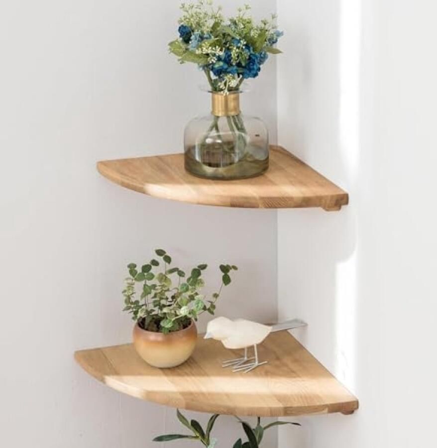 PromoHome Hoekplanken Set van 2 Massief Houten Wandplanken met Ronde Vorm