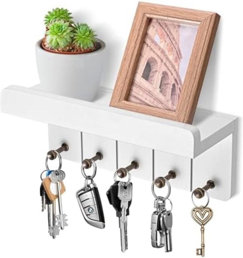 PromoHome Houten Sleutelrek met Plank Decoratief Wandrek met 5 Sleutelhaken Wandsleutelbord voor Entree Hal Keuken en Slaapkamer Multifunctioneel Opbergsysteem