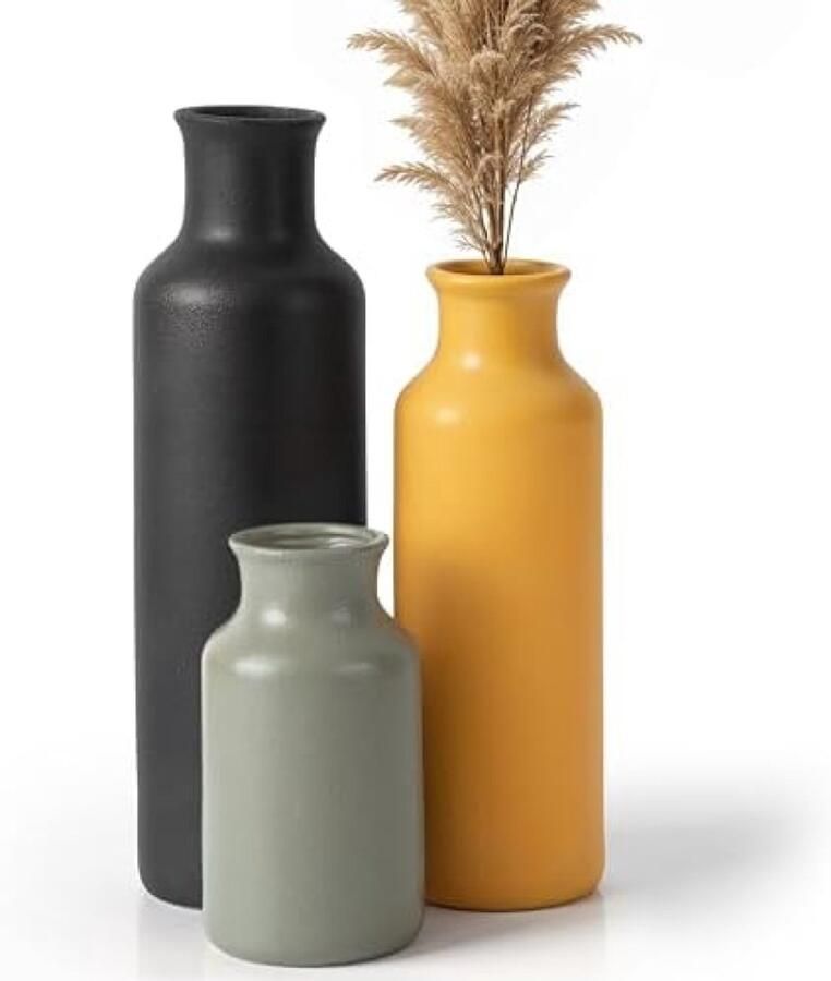 PromoHome Keramische Vazen Set van 3 Stuks Gemengde Grootte Decoratieve Bloemenvaas voor Woonkamer Keuken Badkamer Landelijke Tafel Plank en Haardmantel Decoratie Grijs