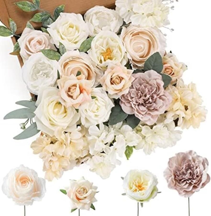 PromoHome Kunstbloemen Set Witte Bloemen Mix Zijden Bloemen Dahlia Rozen met Stengels voor DIY Bruiloft Bruidsboeketten Baby Shower Bloemstuk Tafel Decoratie Woondecoratie 18 Delig