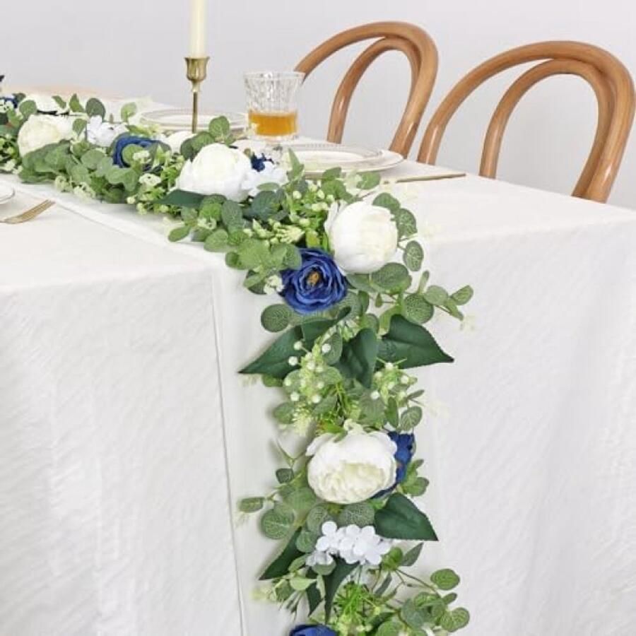 PromoHome Kunstmatige Eucalyptusslingers met Pioenrozen 2 stuks 190 cm Nep Bloemenslingers Blauw en Wit voor Bruiloft Decoratie Tafel Feest