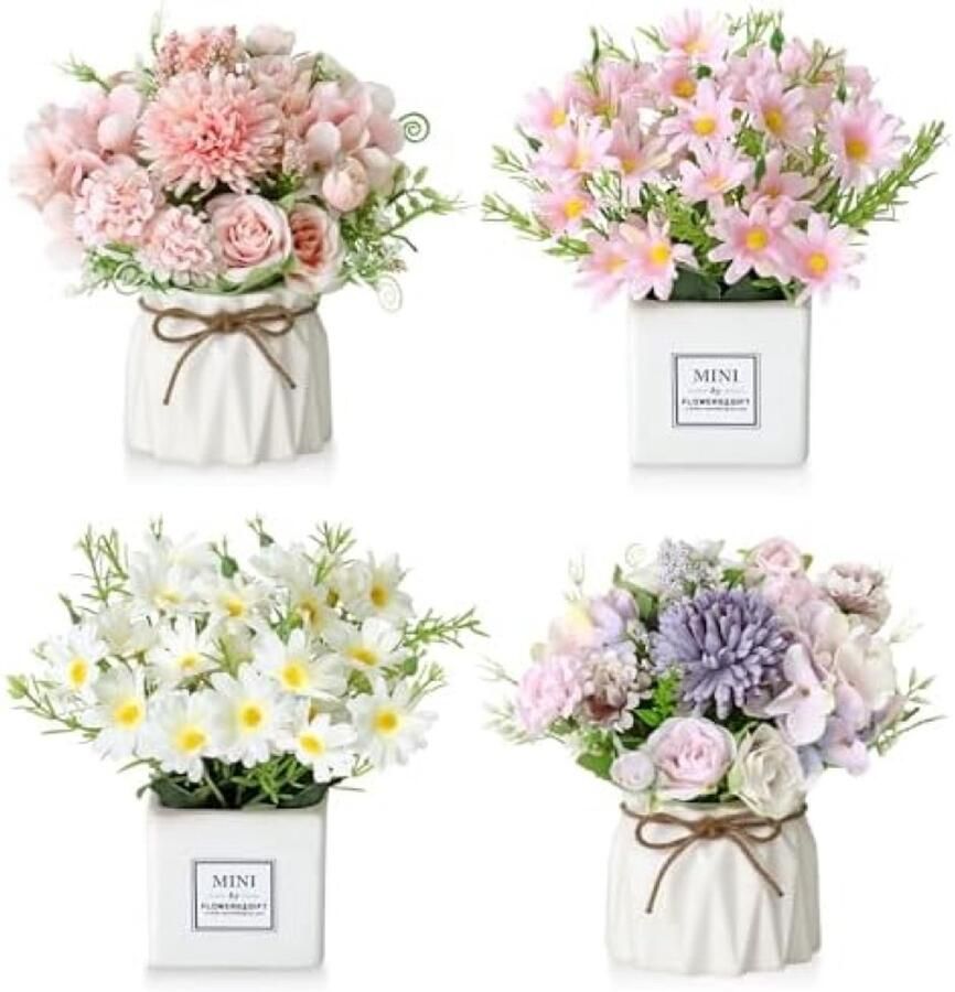 PromoHome Kunstmatige Potplant met Madeliefjes en Hortensia's in Keramische Pot Nepbloemen voor Binnen Decoratie 18 cm Hoge Zijden Bloemen voor Tafel Kantoor of Boekenplank