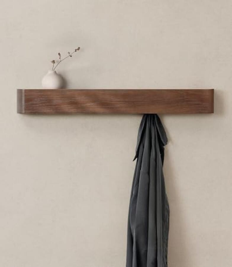 PromoHome Moderne Kapstok met Verborgen Wandhaken 8 Robuuste RVS Haken Scandinavisch Design Eikenhout Eiken Bruin