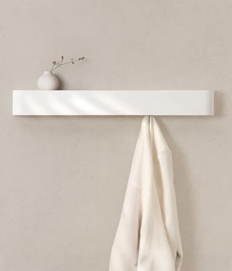 PromoHome Moderne Kapstok met Verborgen Wandhaken 8 Robuuste RVS Haken Scandinavisch Design Eikenhout Eiken Wit