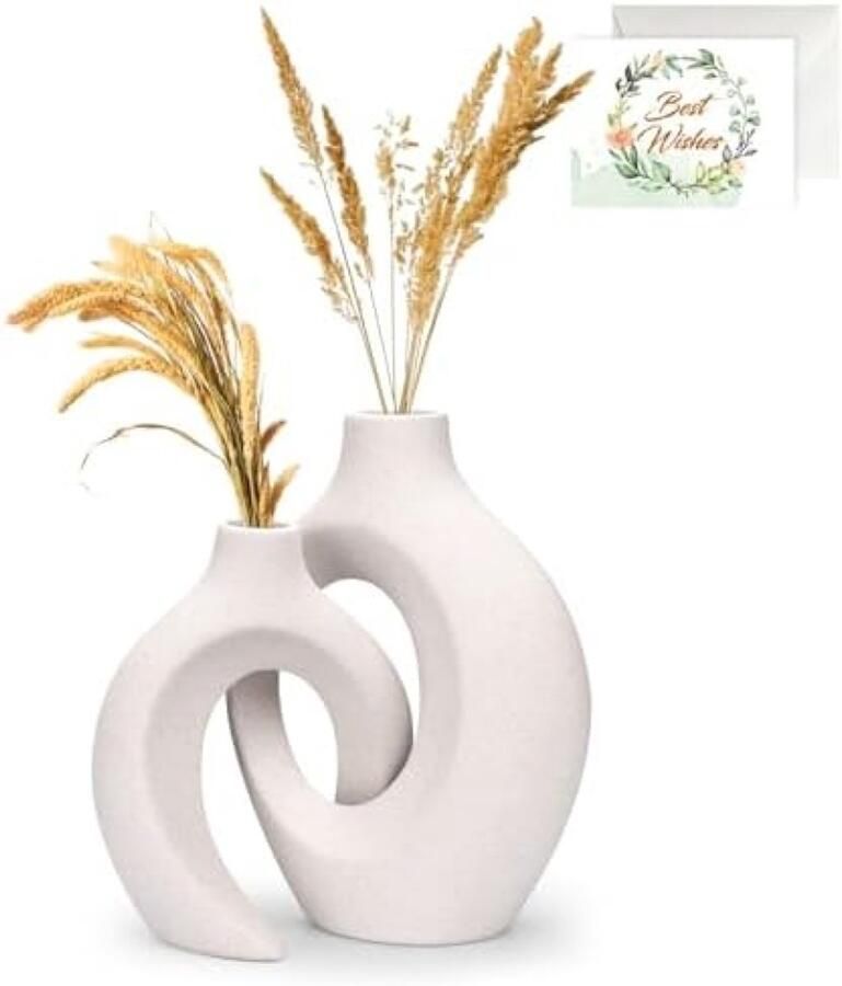 PromoHome Moderne Keramische Vaas Set van 2 Witte Design Decoratie voor Tafel
