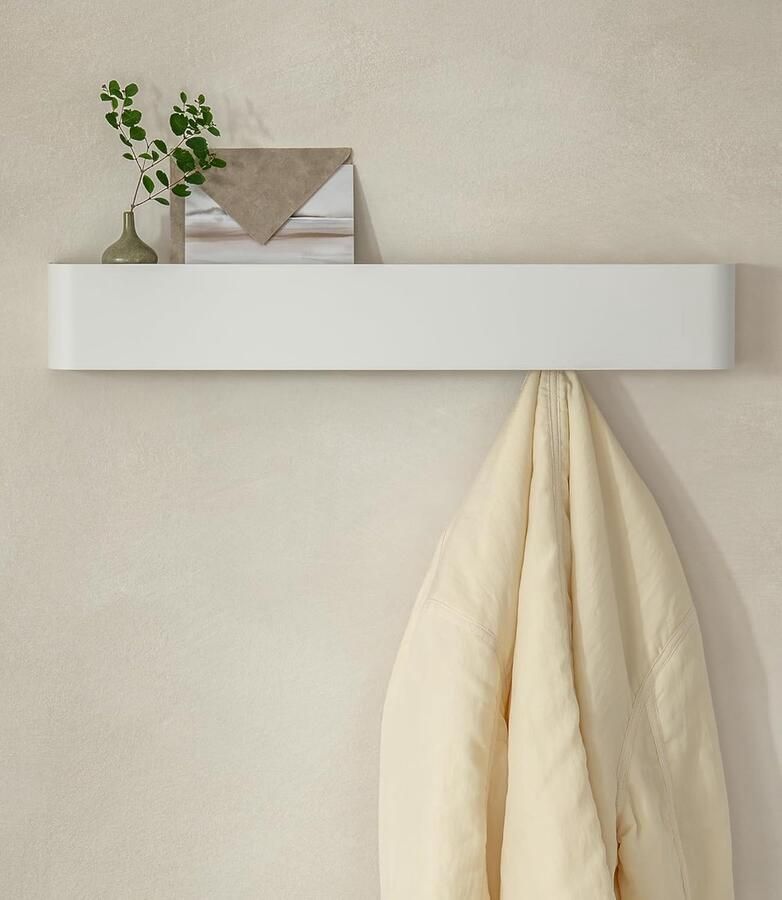 PromoHome Muurkapstok met Plank 6 Haken Wit- Industrieel Design voor Hal en Gang