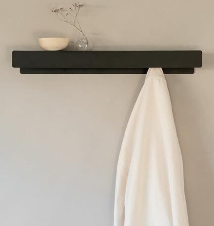 Moderne Wandkapstok met Verborgen Haken en Plank Muurmontage Coat Rack Design Zwarte Metaal Kapstok met 6 Haken en Opbergplank