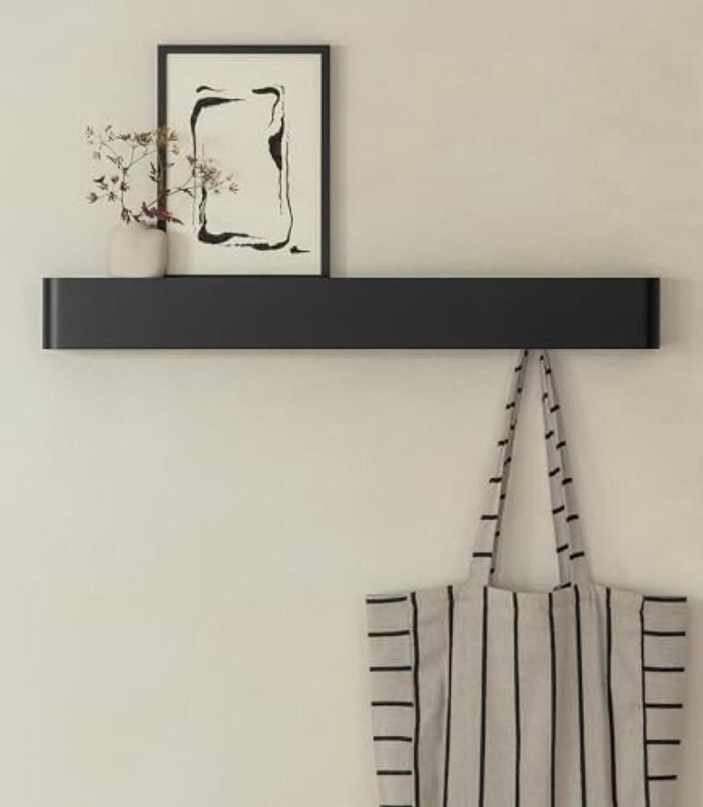 PromoHome Muurkapstok met Plank 8 Haken Zwart Industrieel Design voor Hal en Gang