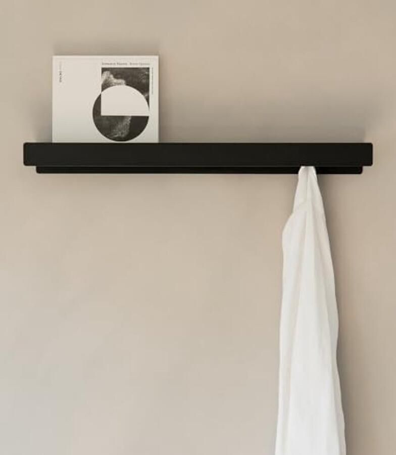 PromoHome Wandkapstok met Plank Moderne Zwarte Muurhanger met 8 Haken