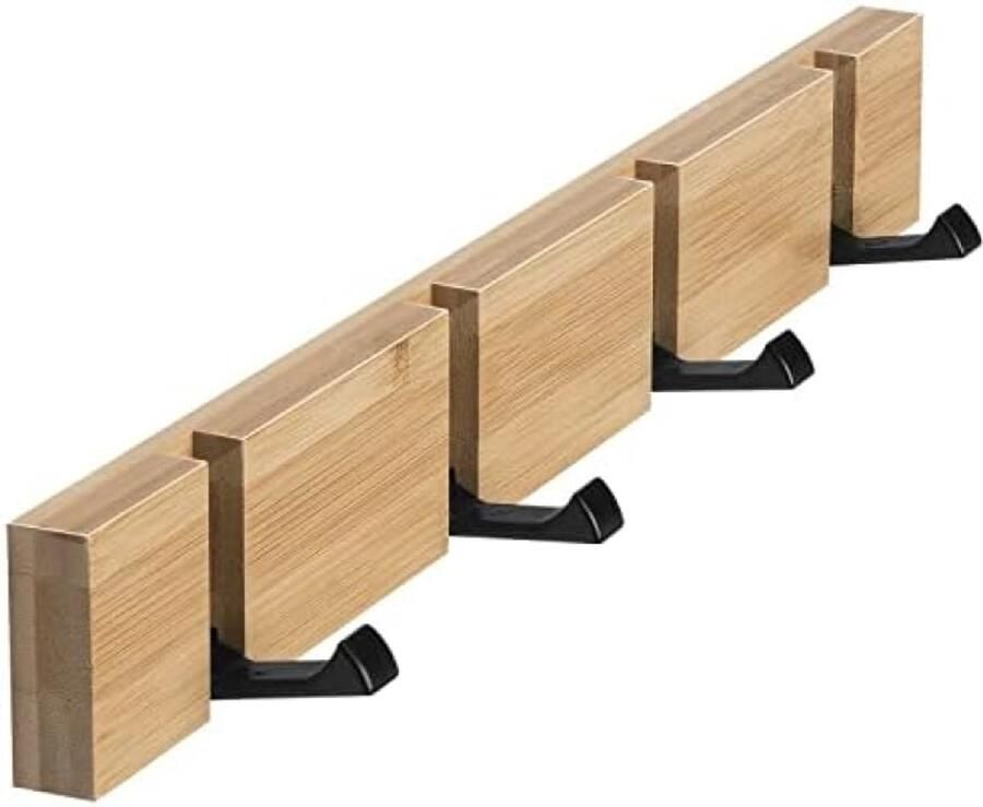 PromoHome Opvouwbare Wandkapstok met 4 Inklapbare Haken voor Jassen Hoeden Tassen en Meer Natuurlijk Houten Design voor Hal Slaapkamer of Badkamer
