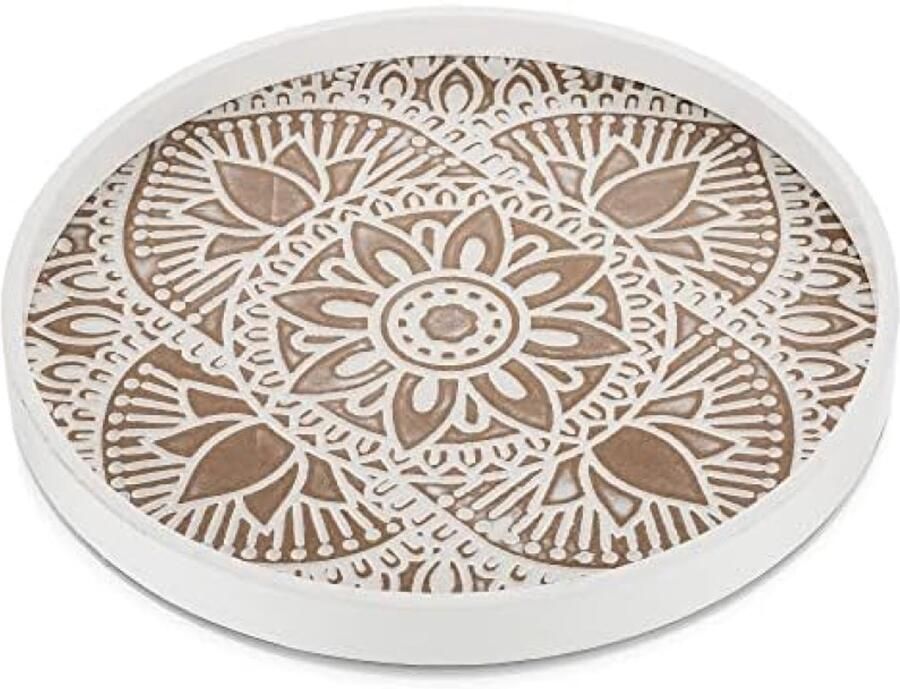 PromoHome Ronde Houten Dienblad Rustieke Witte Decoratieve Salontafel Lade