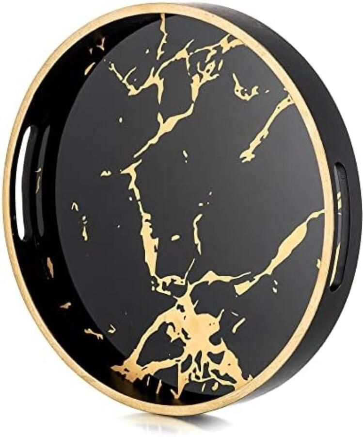 PromoHome Ronde Marmeren Serveertray met Handgrepen Elegante Salontafel Schaal voor Woonkamer