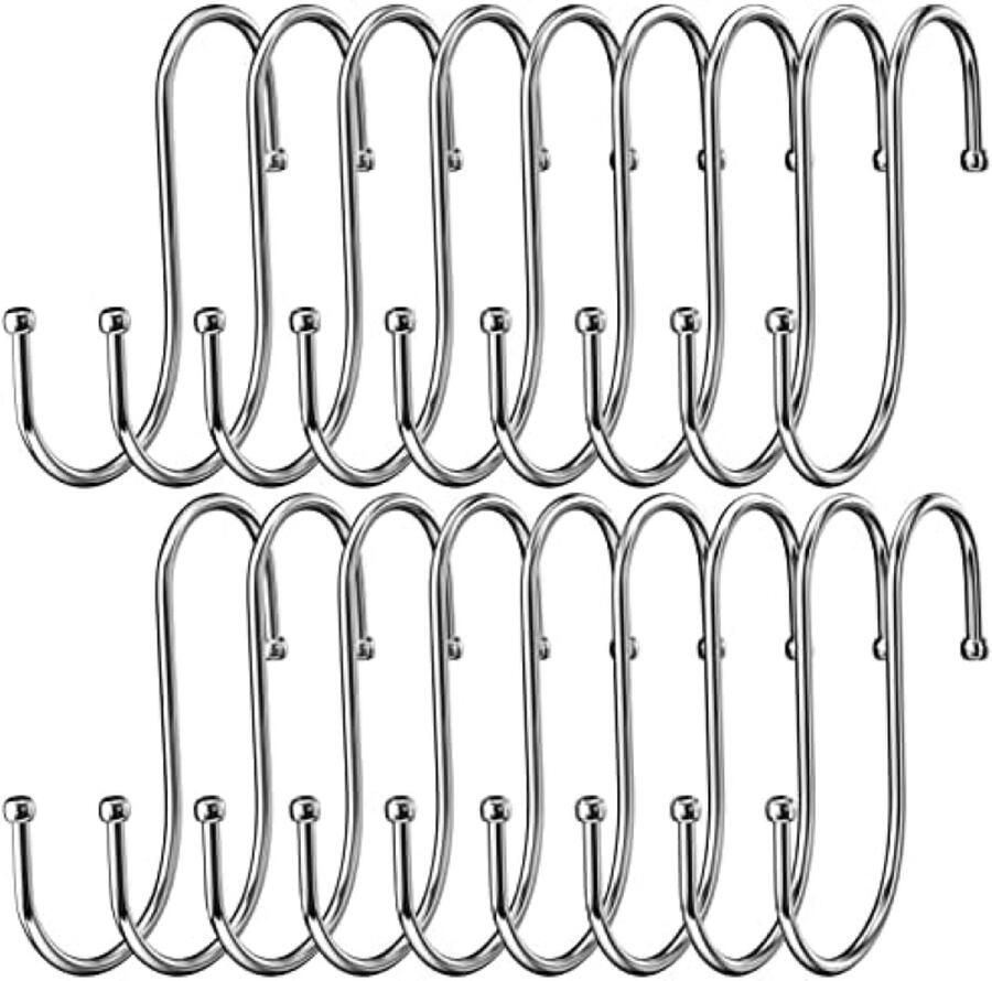 PromoHome Set van 18 S-vormige Ophanghaken Roestvrij Staal Multifunctionele Haak voor Keuken Badkamer Kast en Tuin Zilveren Kleur