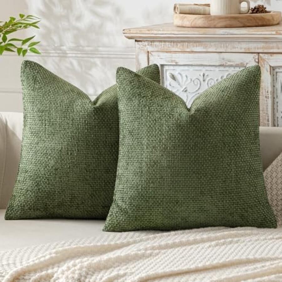PromoHome Set van 2 decoratieve kussenslopen met franjes Chenille stof Zacht en ademend Modern design Groene kleur 40x40 cm Voor bank woonkamer en slaapkamer