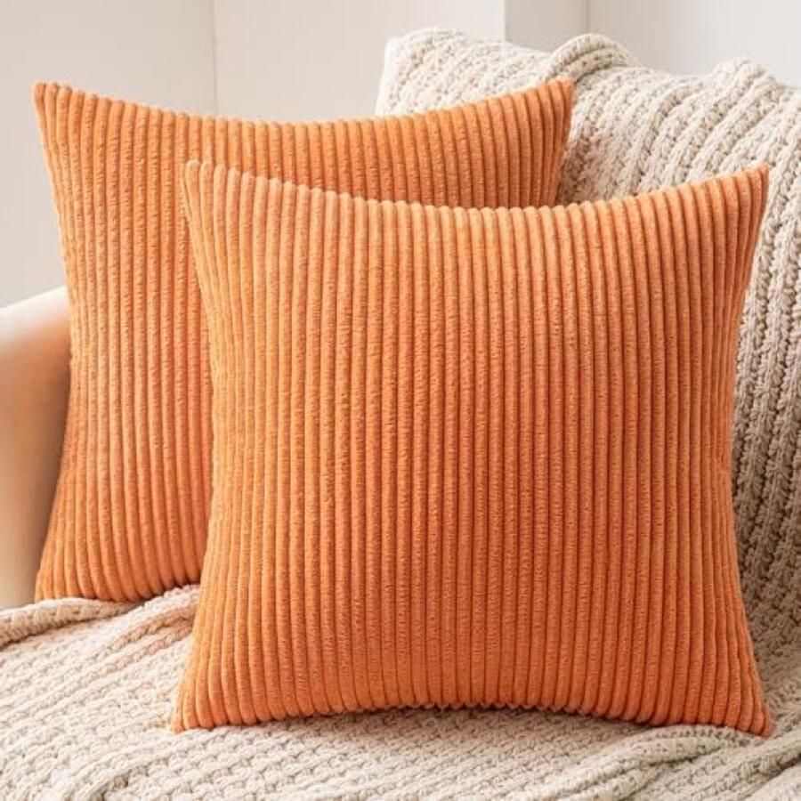 PromoHome Set van 2 kussenslopen van corduroy stof decoratieve vierkante kussenslopen met verborgen ritssluiting voor bank en bed 40 x 40 cm Oranje