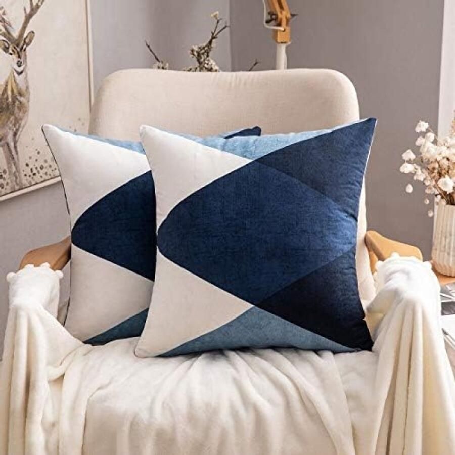 PromoHome Set van 2 Vierkante Kussenhoezen 45x45 cm met Geometrisch Diamantpatroon Donkerblauw Moderne Scandinavische Stijl voor Bank Sofa of Bed Zacht Polyester Materiaal met Verborgen Ritssluiting