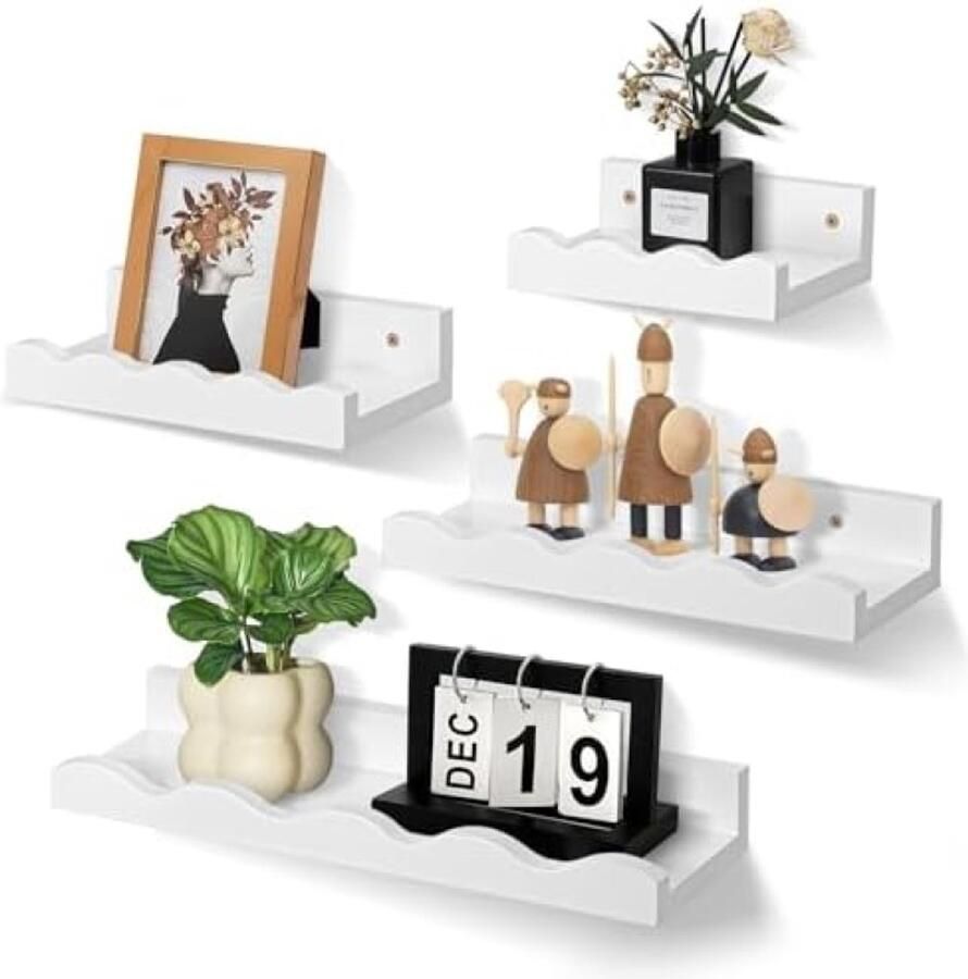 PromoHome Set van 4 zwevende wandplanken Verschillende maten Wit gelakt hout