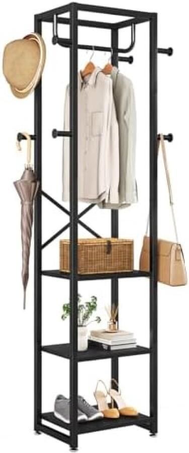 PromoHome Industriële Staande Kapstok met 3 Planken en 8 Haken Multifunctionele Garderobe voor Hal Slaapkamer en Entree Zwarte Vrijstaande Kledingstandaard 180x40x30 cm
