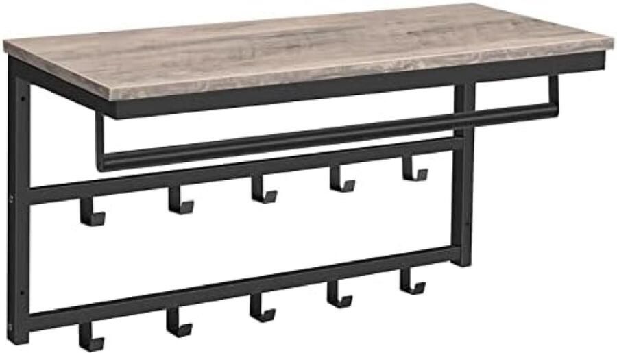 PolkaHome Wandgarderobe Industriële Wandkast met 10 Haken en Legbord Multifunctioneel Wandrek voor Hal Woonkamer of Slaapkamer 80 x 30 x 42 cm Zwart