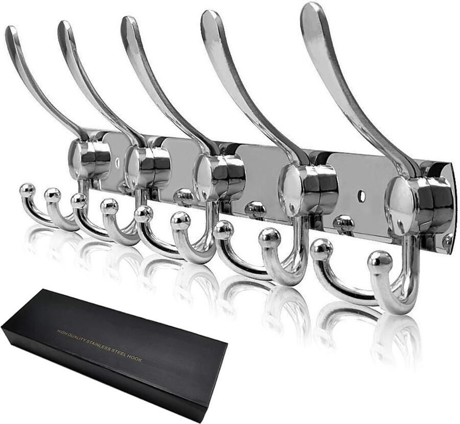 PromoHome Wandkapstok met 15 Haken Roestvrijstaal Muurbevestiging Kapstokhaak Zilveren Garderobe Opbergoplossing voor Gang Badkamer en Slaapkamer