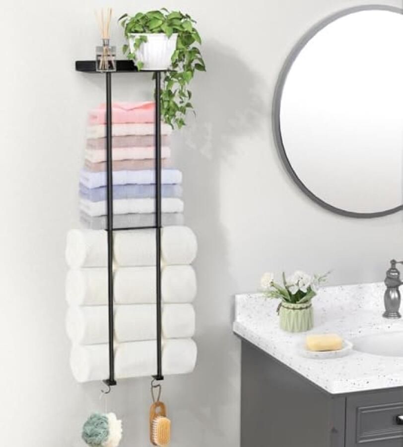 PromoHome Wandrek voor Handdoeken 2 Lagen met Opbergplank en 4 Haken Zwart