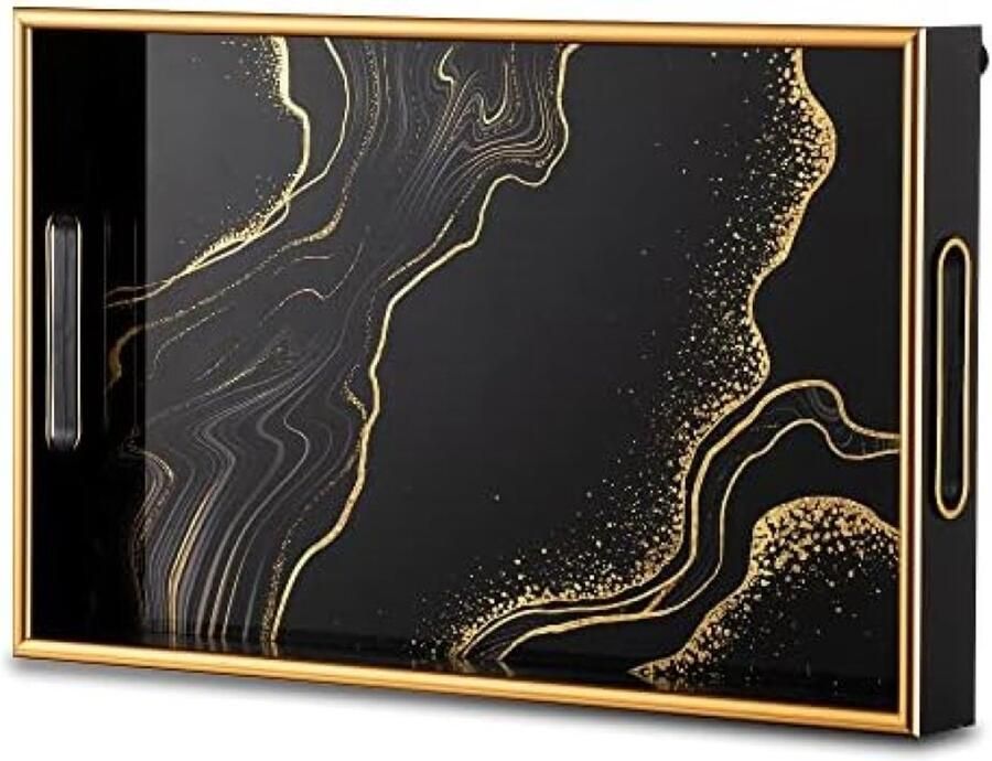 PromoHome Zwart Gouden Dienblad Decoratieve Salontafel Schaal met Handvatten